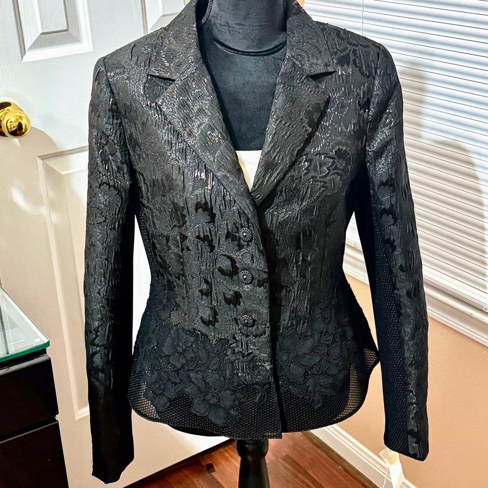 Teri Jon Rickie Freeman Vintage Black Silver Metallic Honeycomb Lace Jacket 10